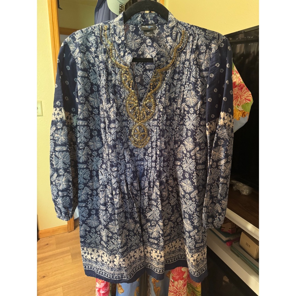 Style & Co Petite Blue Floral Cotton Beaded Tunic Top Size 8P